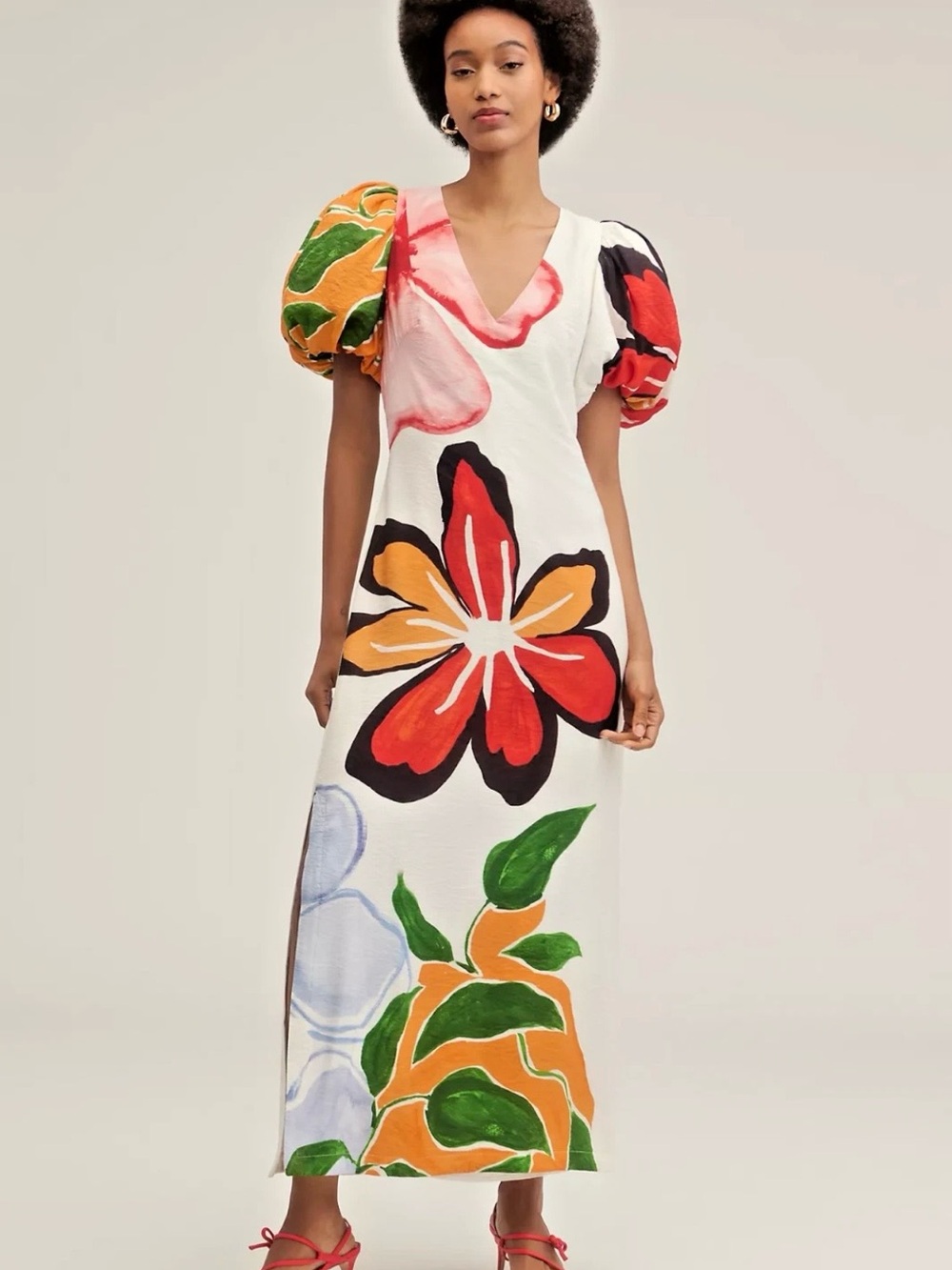 NWT Anthropologie Puff Sleeve A-Line EXPLODED FLORAL Maxi Dress IVORY MULTI M